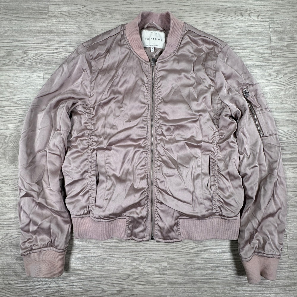 Lucky Brand Women Bomber Jacket Satin Full Zip Mauve Pink Medium Utility Pocket